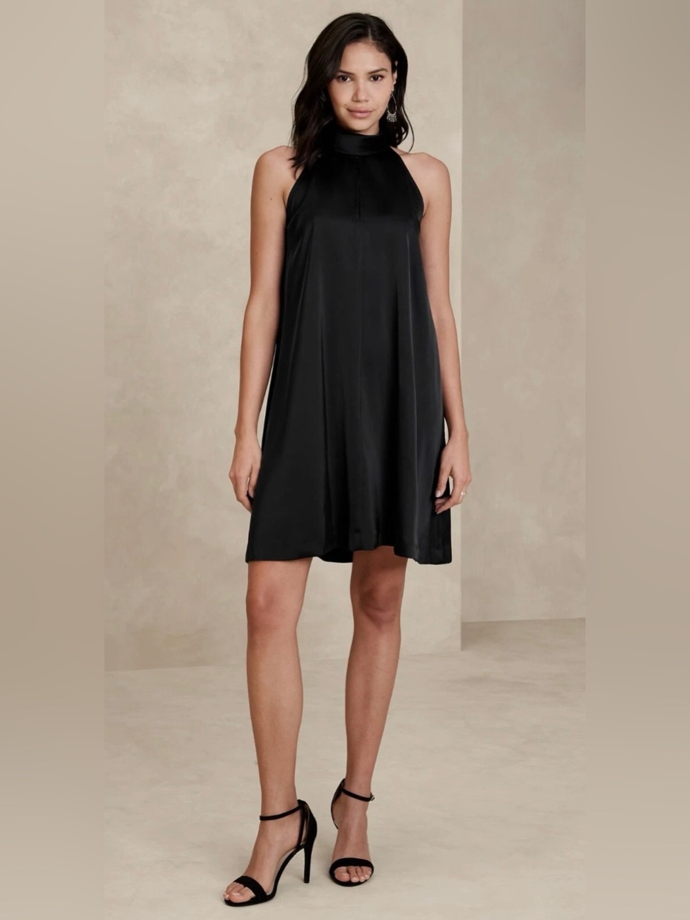 NWT Banana Republic Black Satin Mock Neck Shift Dress XL Sleeveless